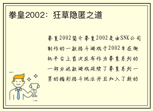 拳皇2002：狂草隐匿之道